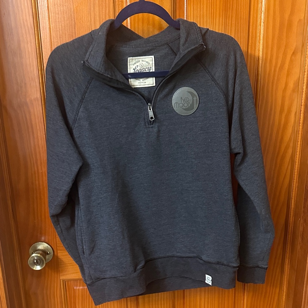 Vintage inspired Legacy Men's Dark Gray Zip-Up Crew Neck. Red moon Put in Bay Oh
